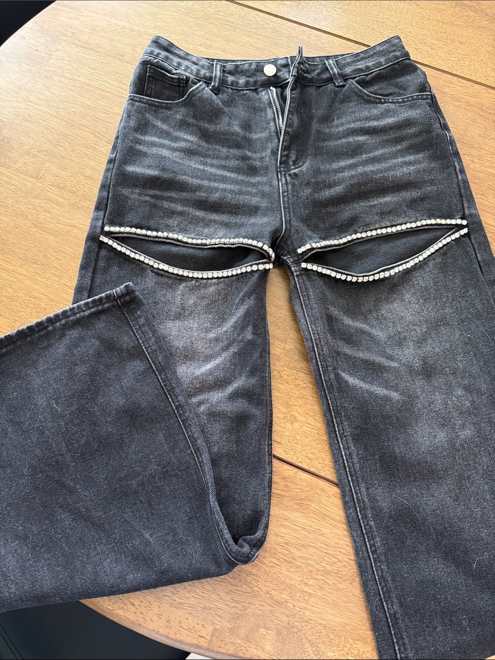 Women’s Straight Leg Black Jeans with Rhinestone Zip Detail